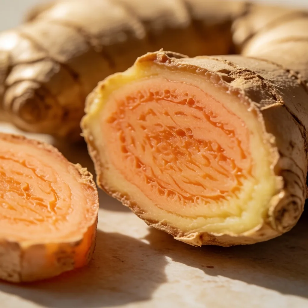 Fresh ginger root cross-sections on a pale stone surface under morning light
