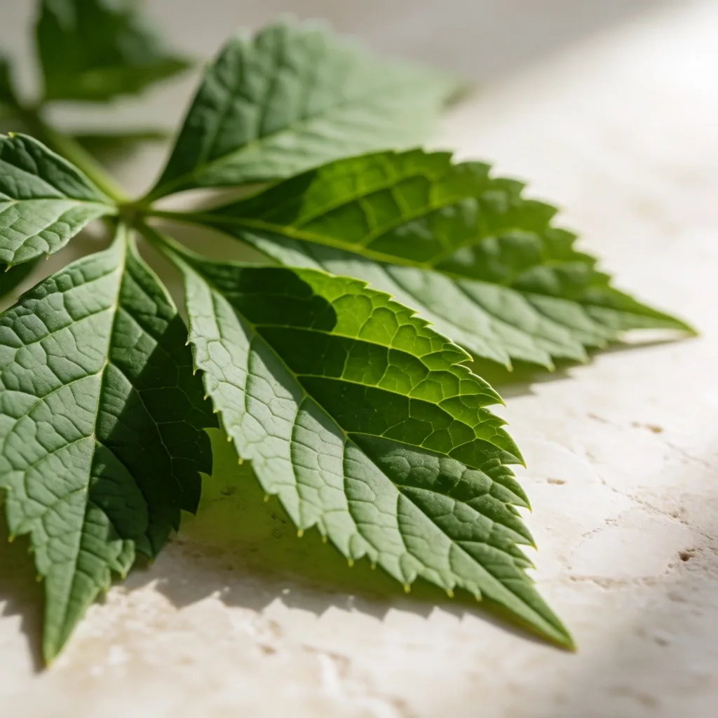Fresh ginseng leaves on a stone slab