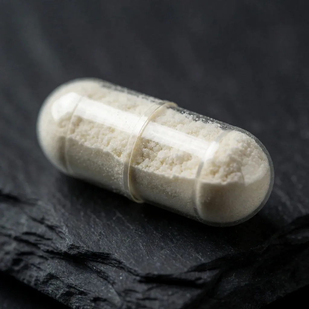 A clear capsule filled with pale powder on a stone surface