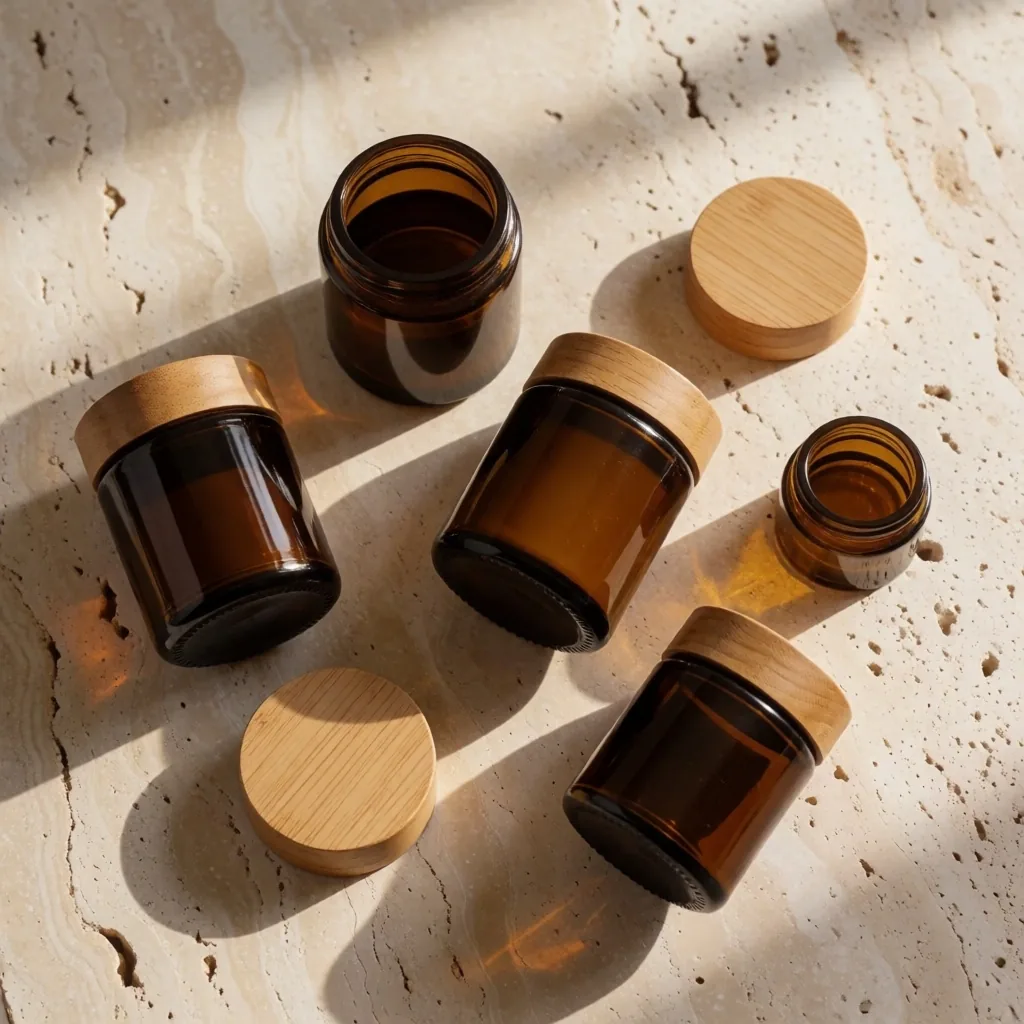 Collection of natural supplement bottles on stone countertop