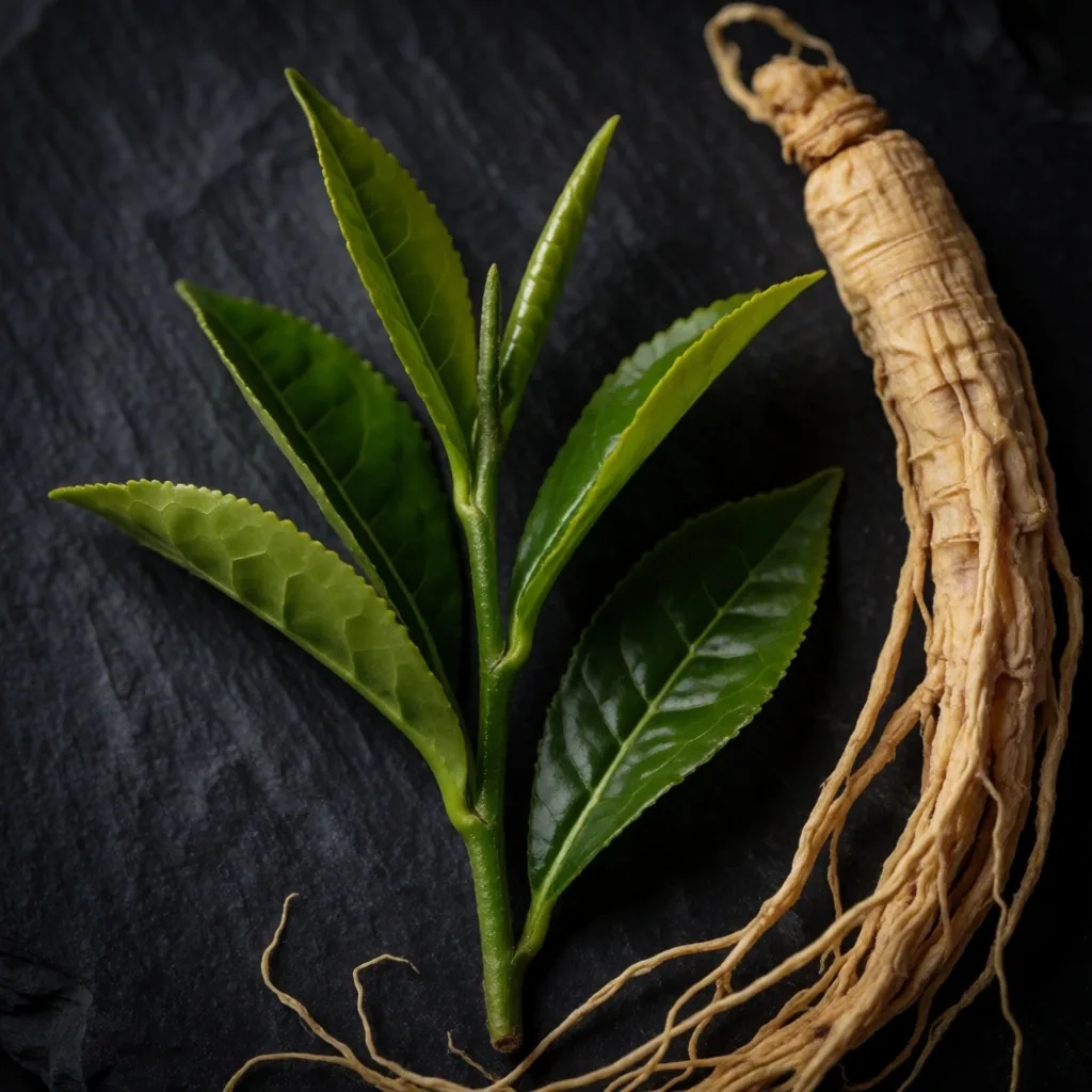 Green tea leaves and ginseng root on dark surface