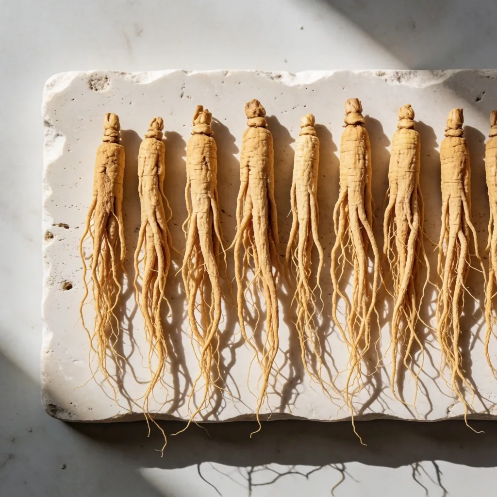 Dried ginseng roots arranged on a stone slab