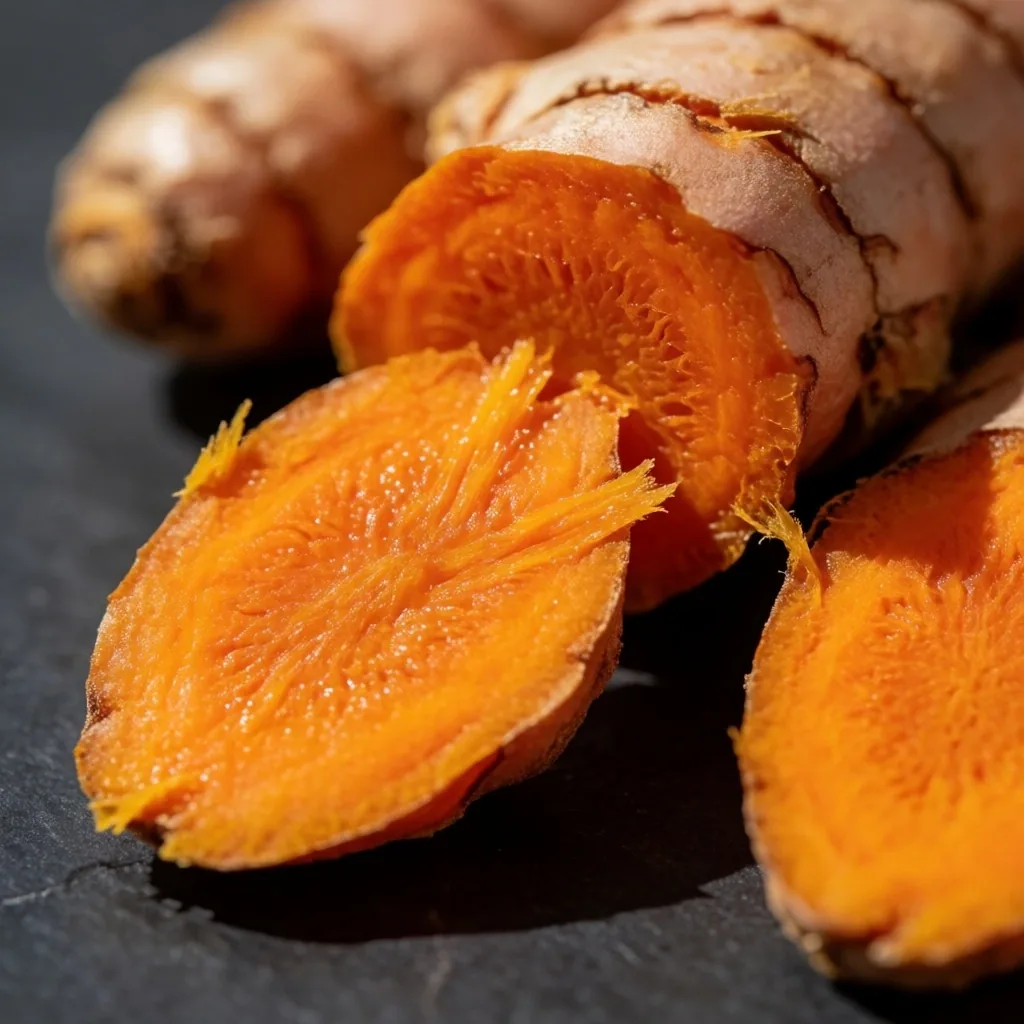 Fresh turmeric root cross-section on stone surface in studio light