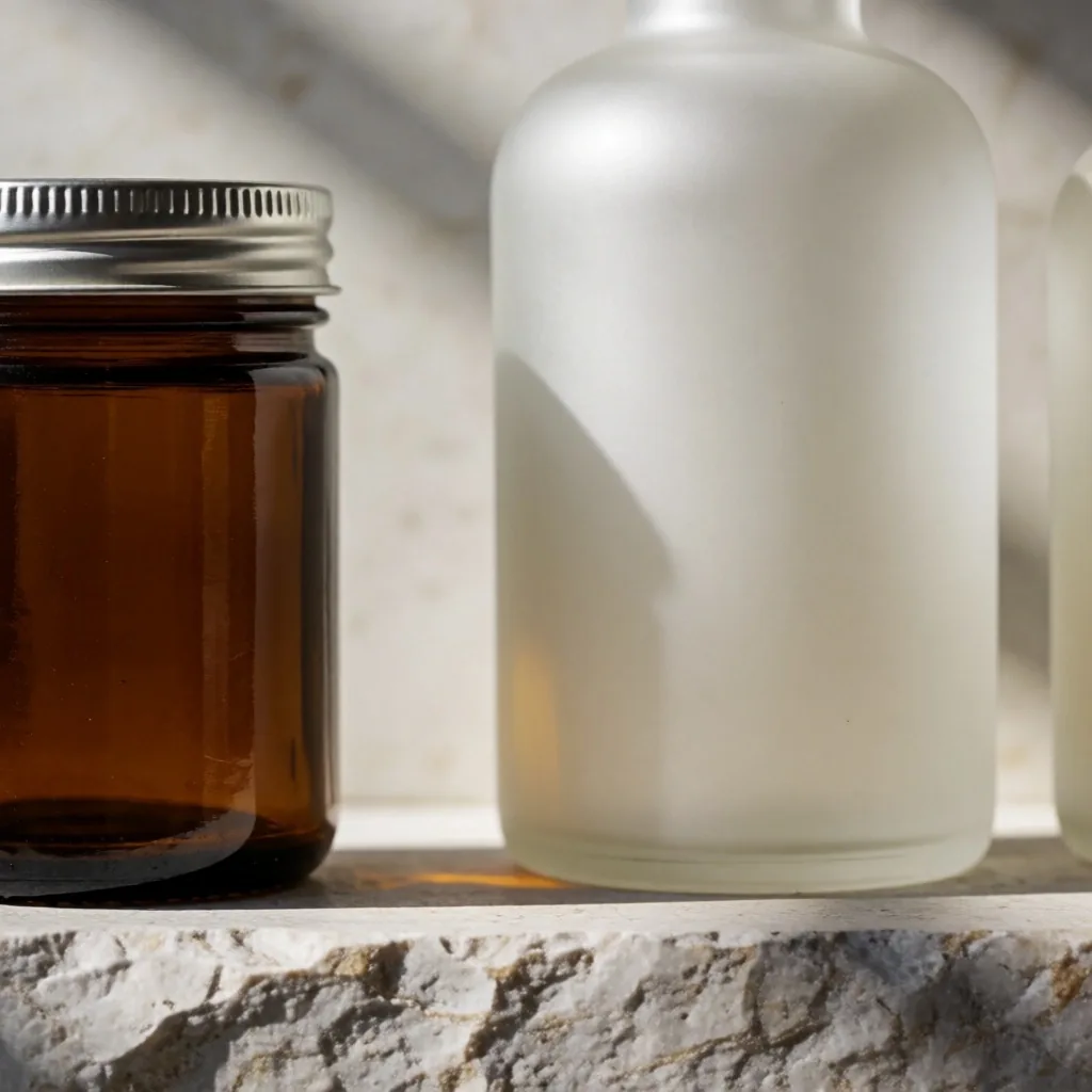 Amber glass jar and frosted supplement bottle on a dry stone shelf