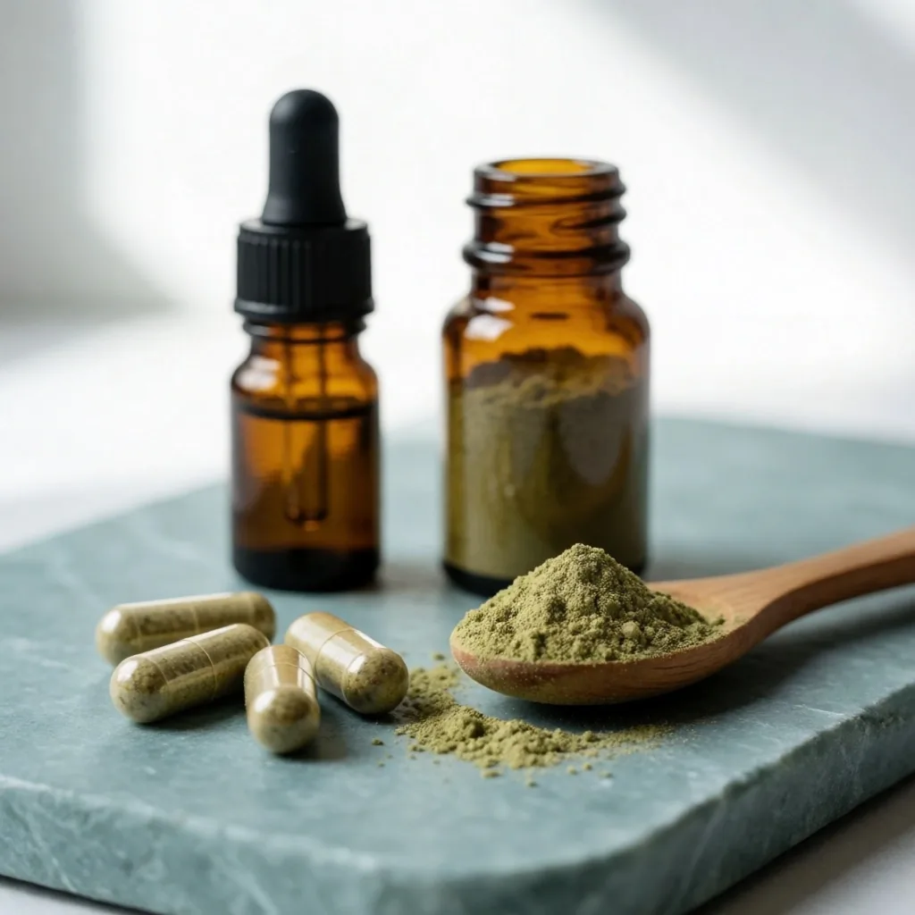 Capsules, powder jar, and liquid dropper bottle on a stone slab