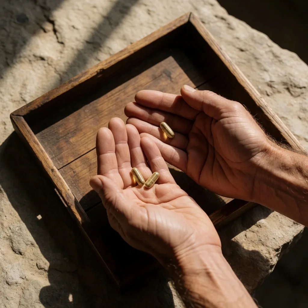 Hands holding supplement capsules over a wooden tray