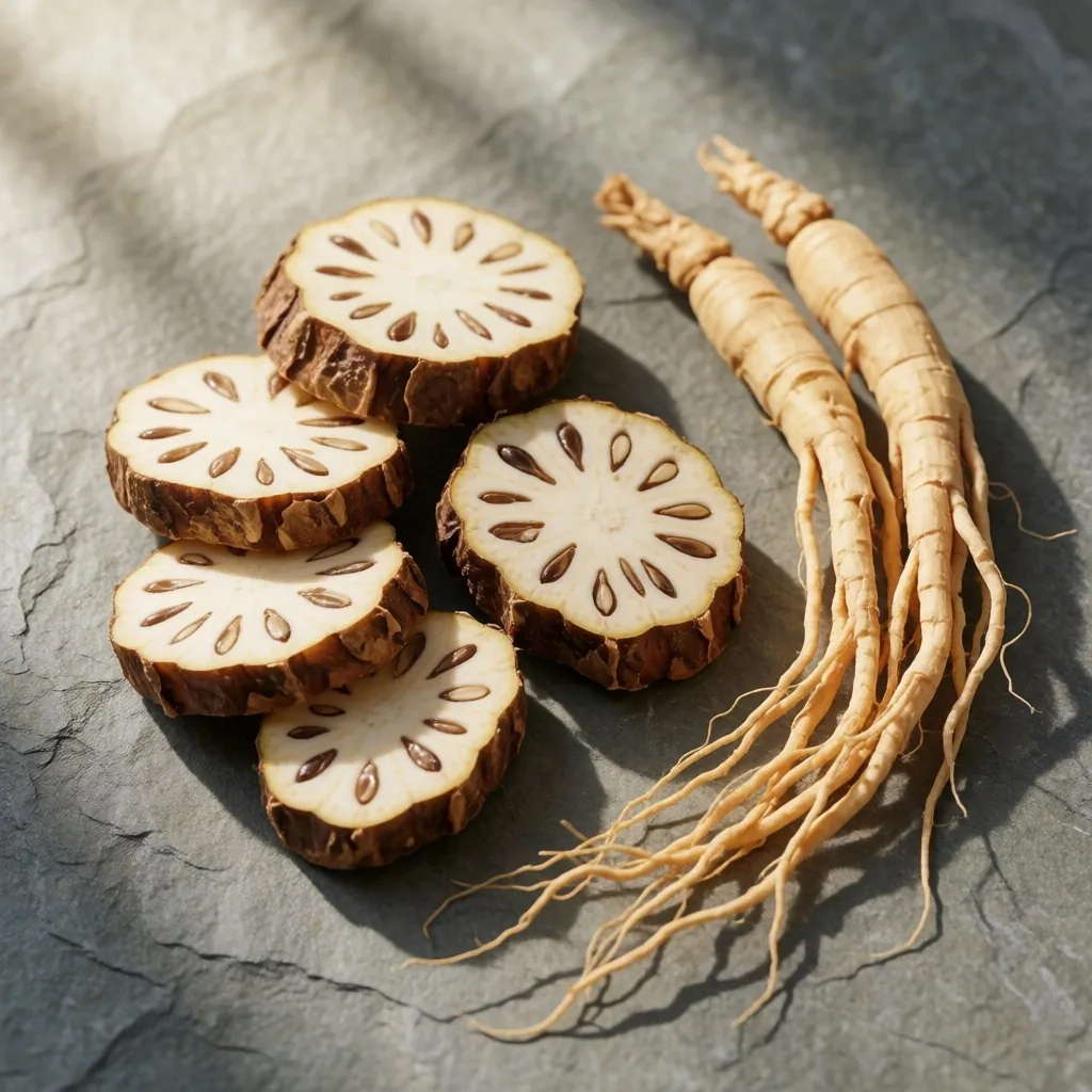 Sliced botanical root cross-section on a stone surface