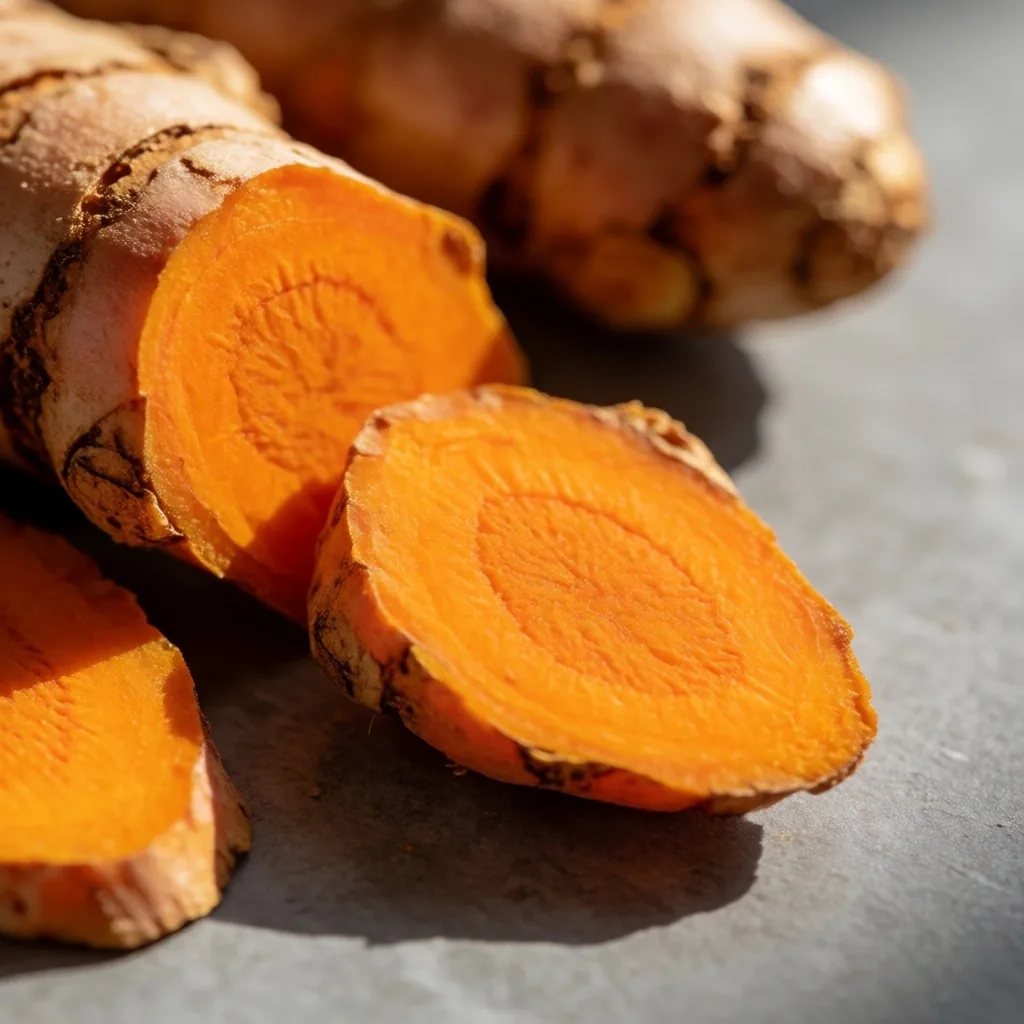 Sliced turmeric root on a stone surface in studio light