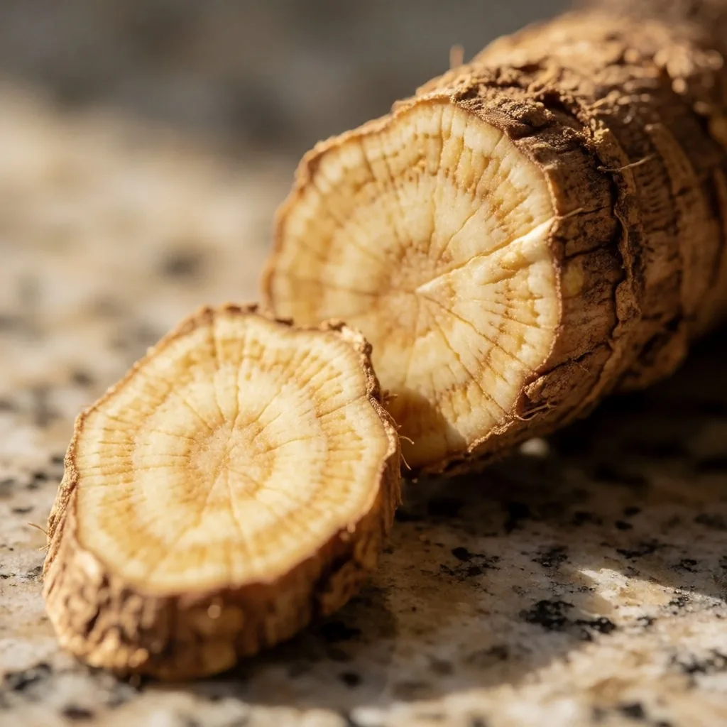 Fresh botanical root on stone surface in studio light