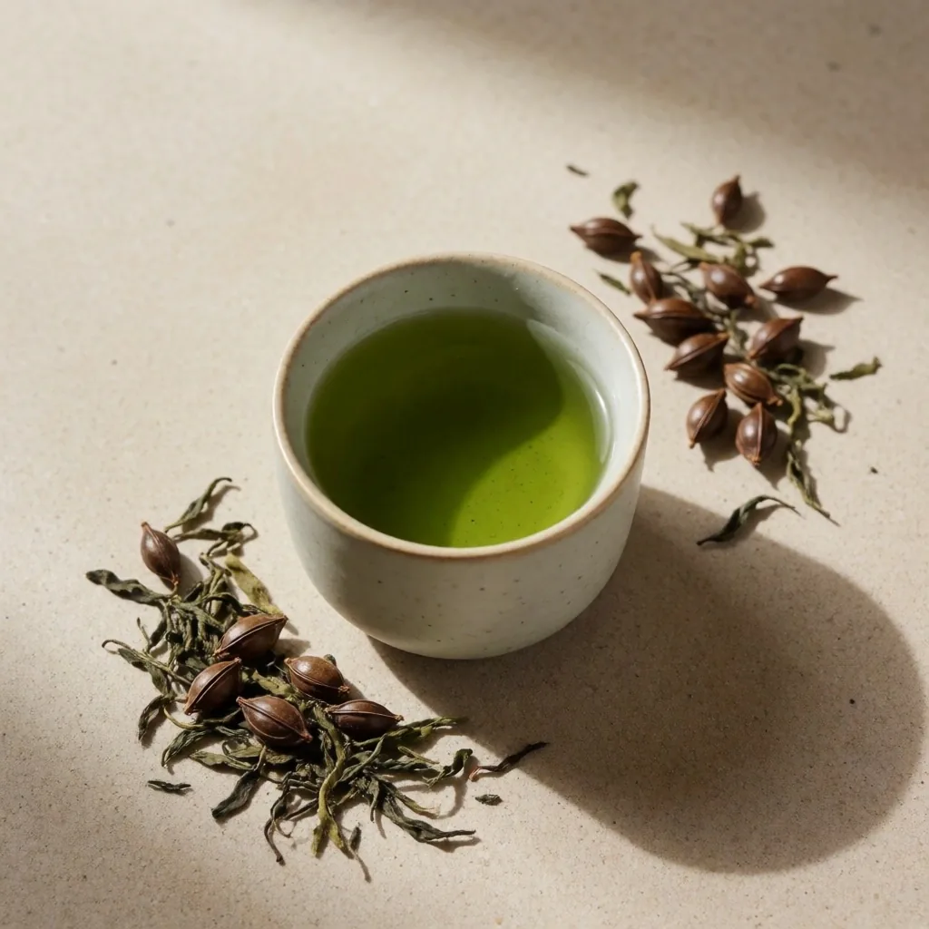 Green tea cup with guarana and loose leaves