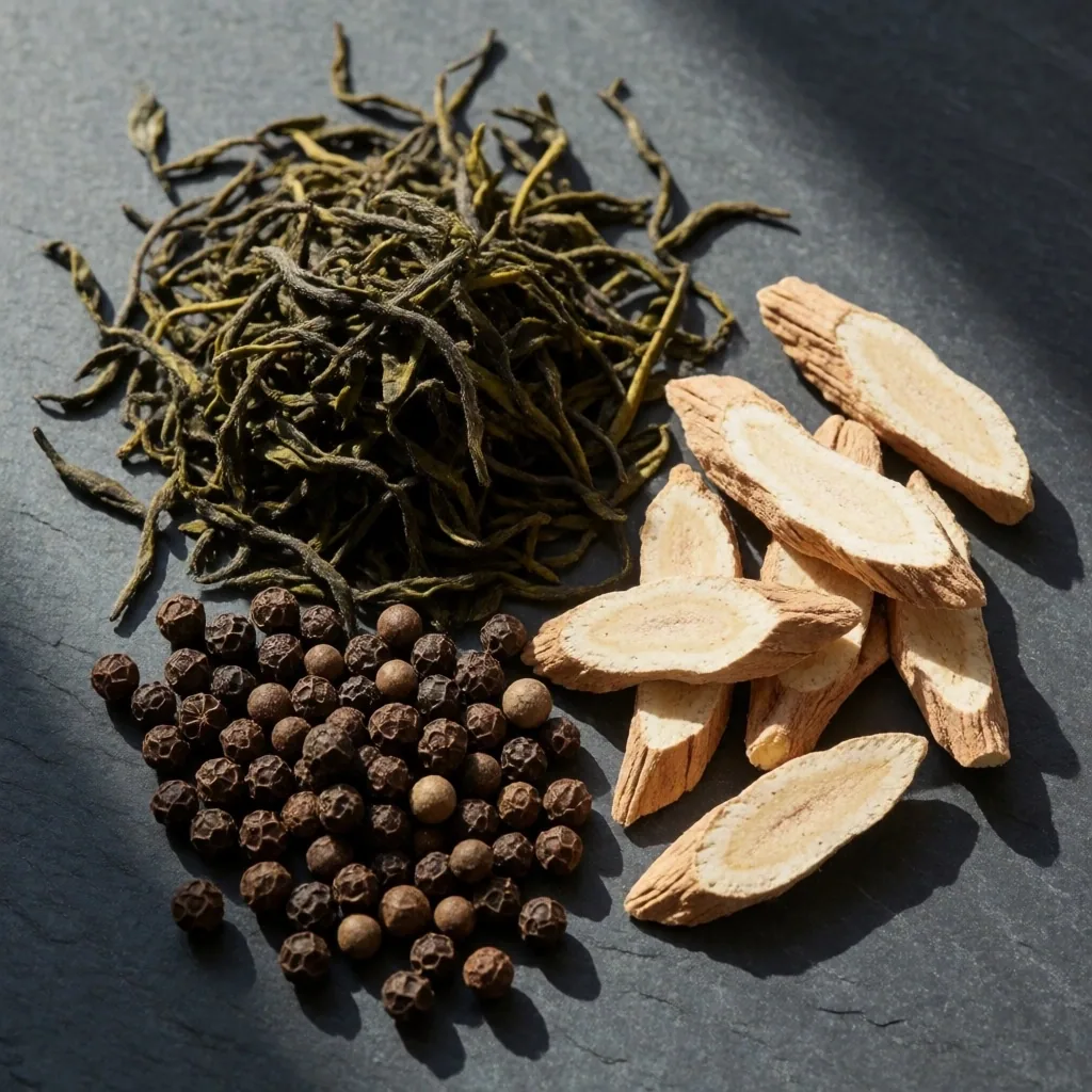 Natural supplement ingredients arranged on a stone slab